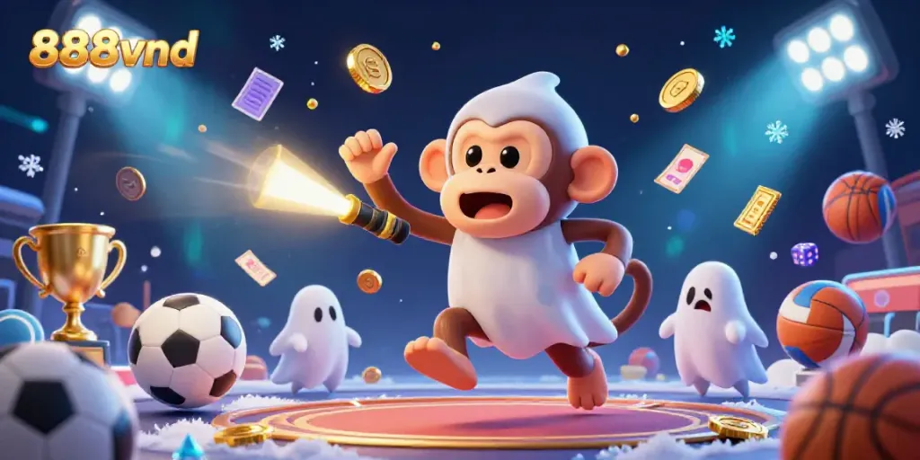 Engage in the thrilling world of 888vnd with a playful ghost-themed casino scene featuring golden coins and lively game elements.
