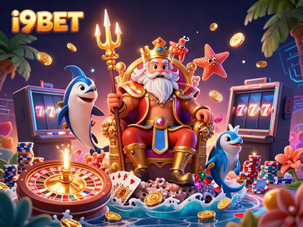 Experience thrilling gaming action at i9BET with vibrant characters amidst cascading coins and spinning roulette.