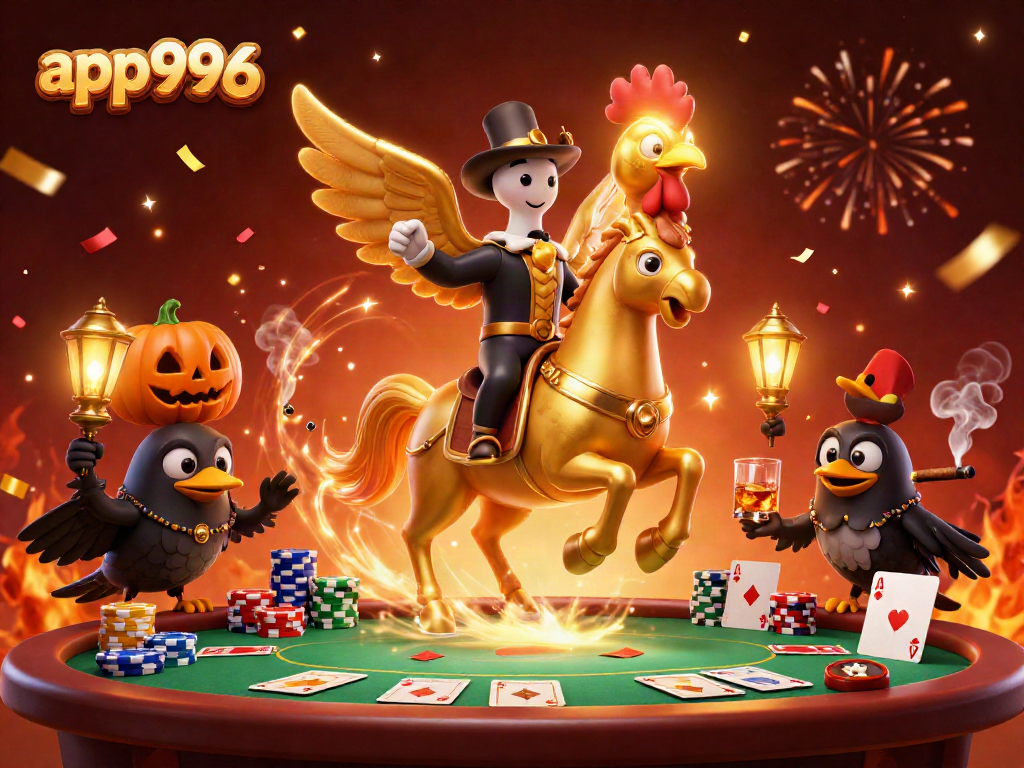 Experience winning strategies in app996 with a dynamic 3D casino scene featuring a golden rooster and poker elements.