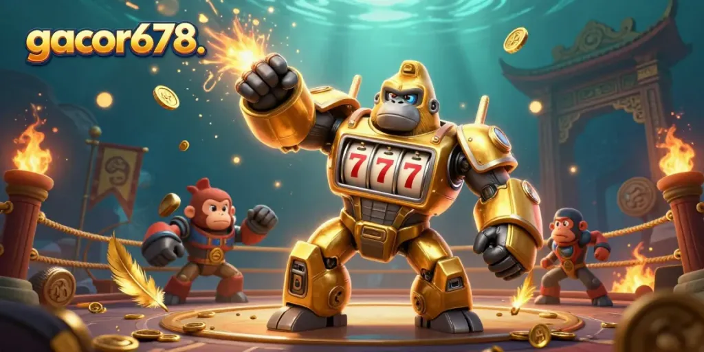 Engage with gacor678's thrilling casino game experience featuring exploding coins and vibrant mech characters.