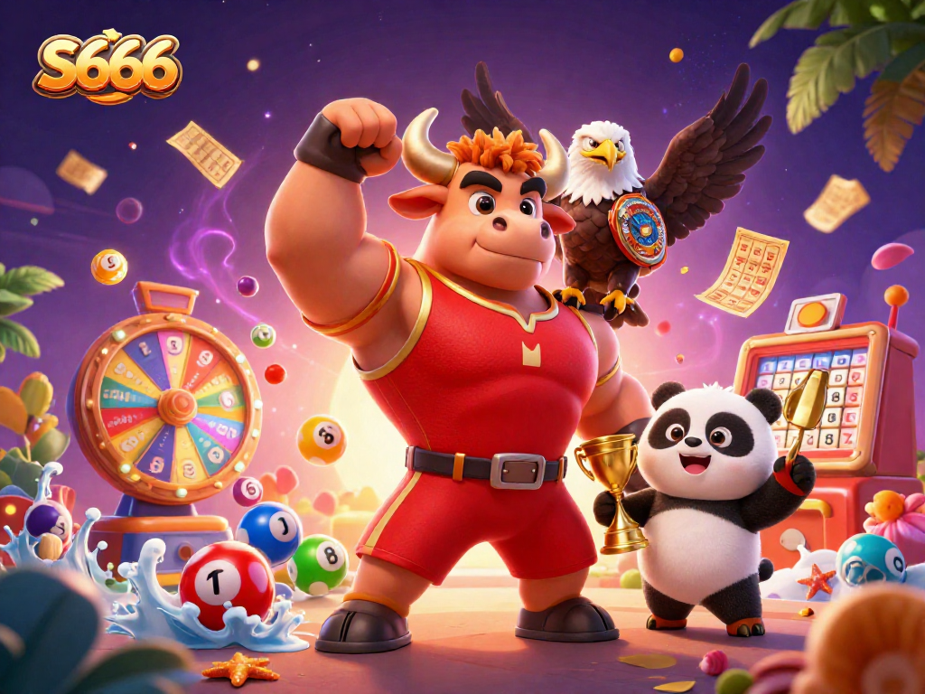 S666 offers an exciting victory celebration with colorful lottery elements and charming casino mascots.