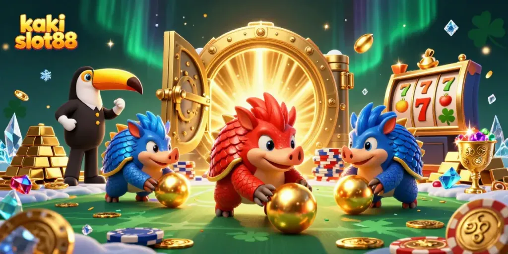 Slot permainan kaki slot88 dengan dua pangolin bersaing, suasana gemerlap perhiasan dan jackpot yang menanti.