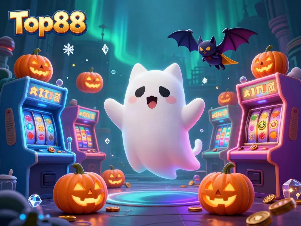 Experience Top88 in a haunted casino mansion with a ghost cat, vibrant game elements, and a spooky ambiance.