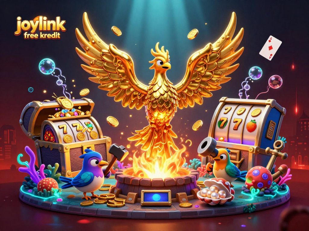 Experience the thrill of joylink free kredit with our vibrant casino illustration featuring a golden phoenix and slot symbols.