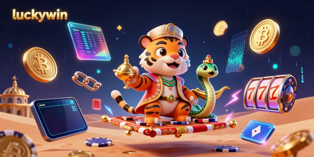Engage with luckywin's gaming experience featuring a sultan, genie snake, and jackpot symbols.