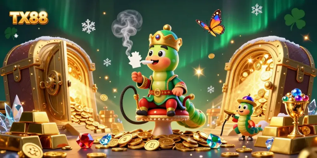 Experience thrilling gameplay at TX88 with vibrant characters, treasures, and dynamic casino elements.