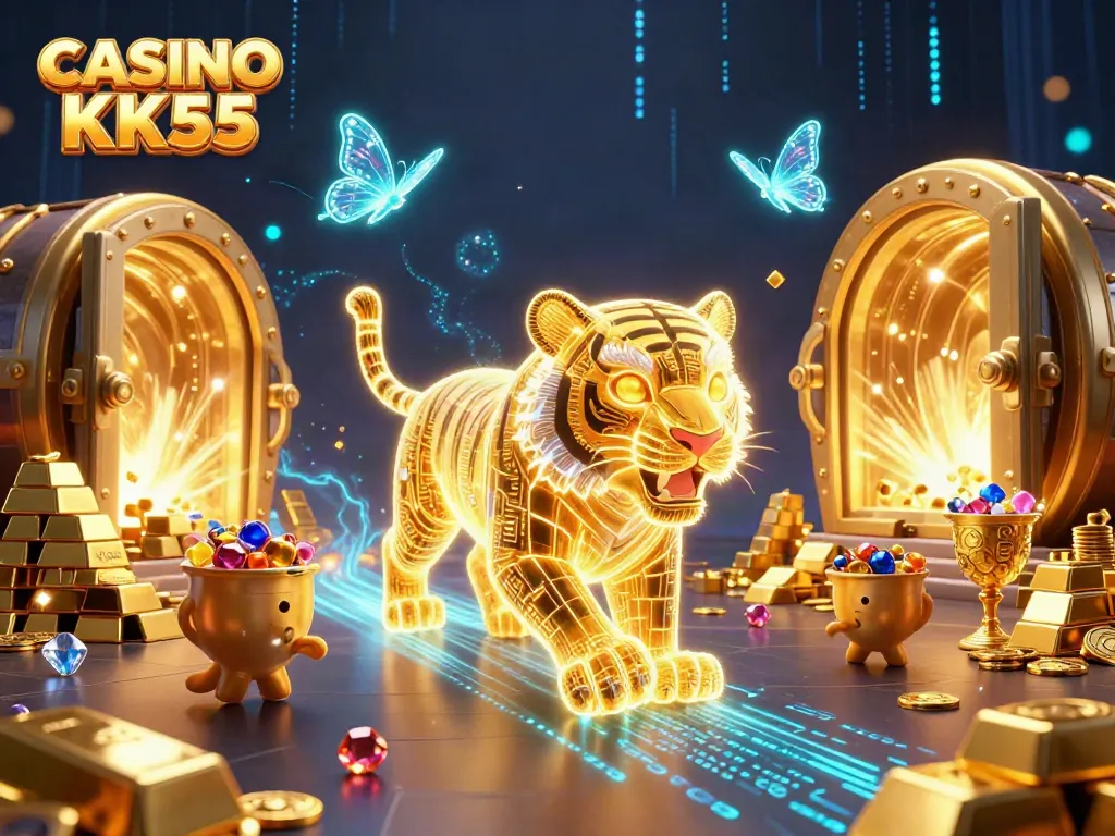 Experience the excitement at CASINO KK55 with a neon-wireframe golden tiger in a digital casino.