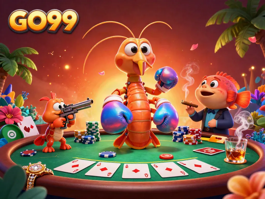 Experience the excitement of GO99 as 3D cartoon characters engage in vibrant poker gameplay with chips flying.