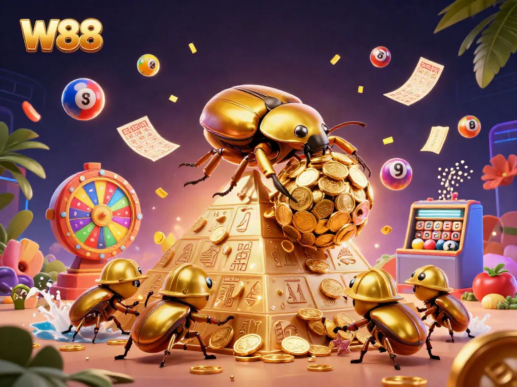 Experience W88's excitement with a lively scene featuring golden beetles and vibrant casino elements.