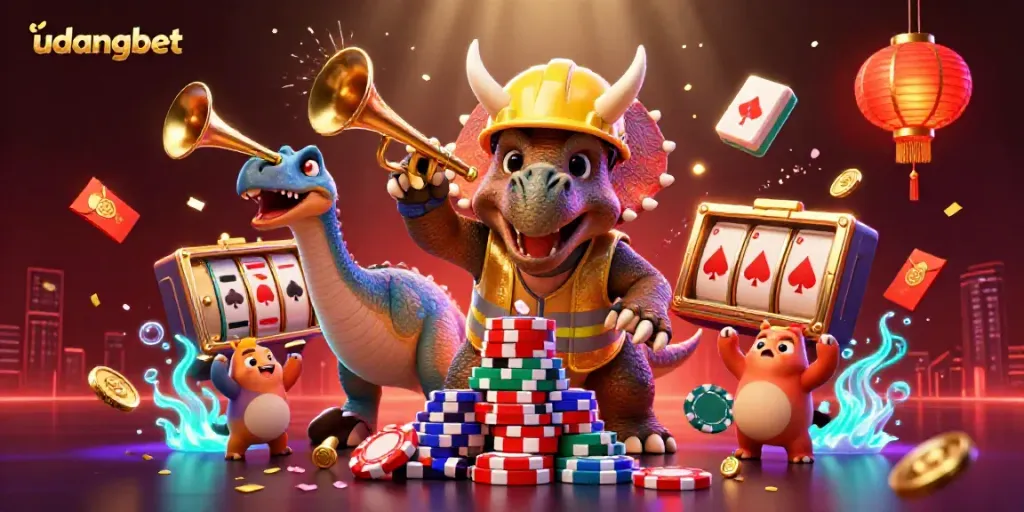 Engage with udangbet in this vibrant 3D scene showcasing a triceratops building poker chip pyramids amid lively casino elements.