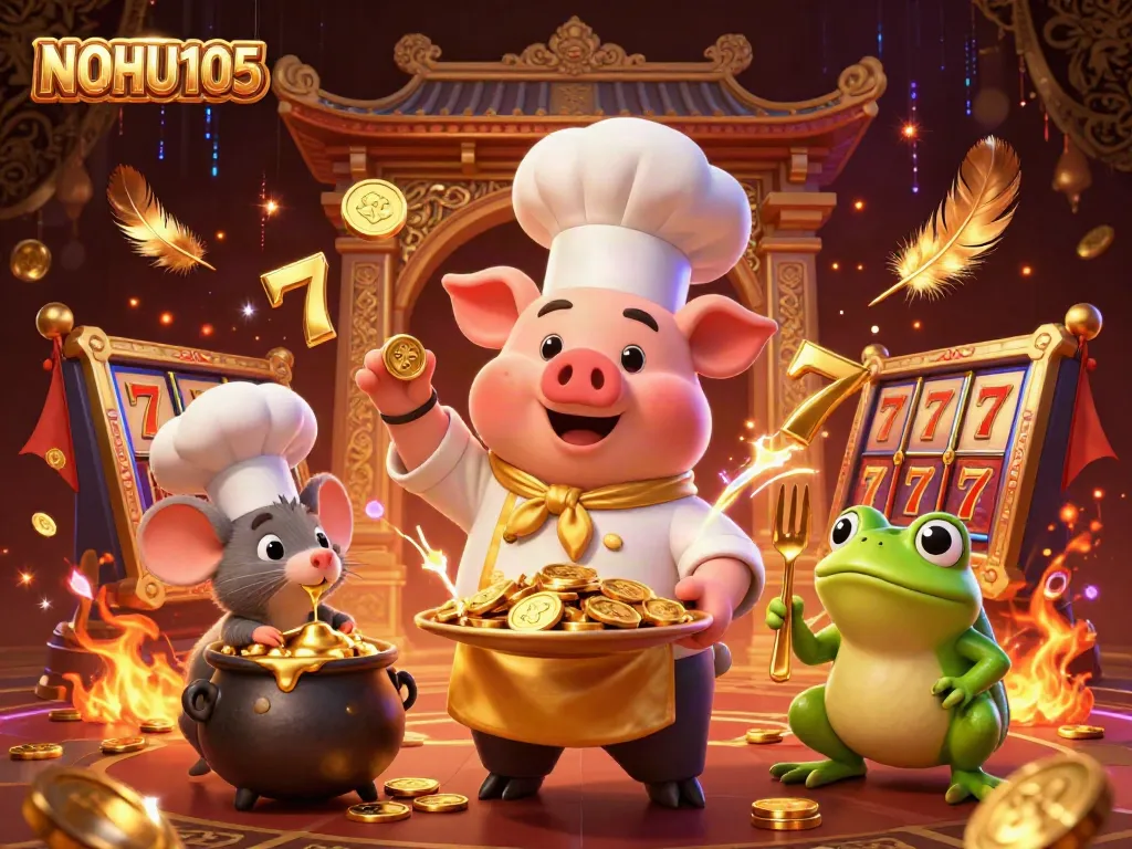 Experience excitement at NOHU105 with chef pig serving gold coins amid vibrant gaming elements.