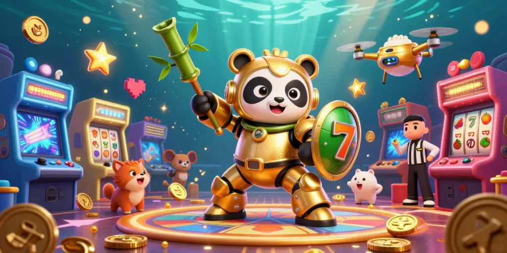 Experience situs slot excitement as a golden panda battles with a bamboo robot amidst cheering fans and casino elements.