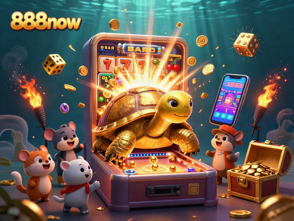 Experience the thrill of 888now with a vibrant 3D illustration of a golden tortoise and exciting casino elements.