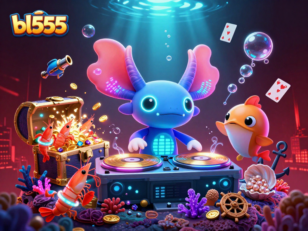 Experience bl555's vibrant underwater casino scene with neon characters and thrilling game elements.