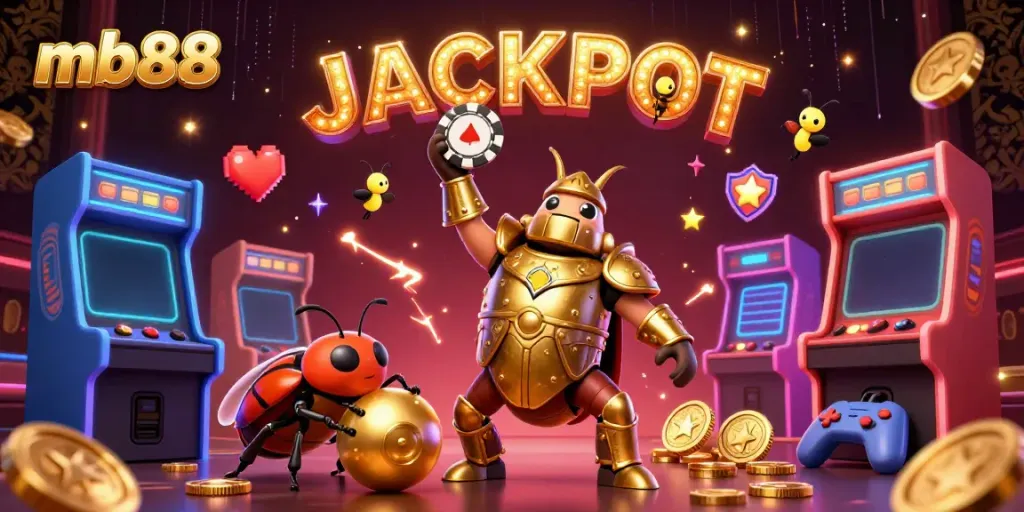 Engage with mb88 in a vibrant 3D scene showcasing a victorious hercules beetle, game elements, and glowing jackpots.