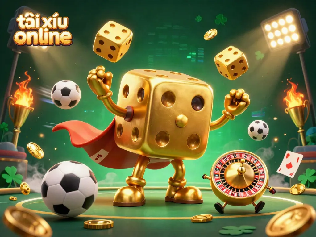 Experience the thrill of tài xỉu online with dynamic golden dice and sports elements in a vibrant illustration.