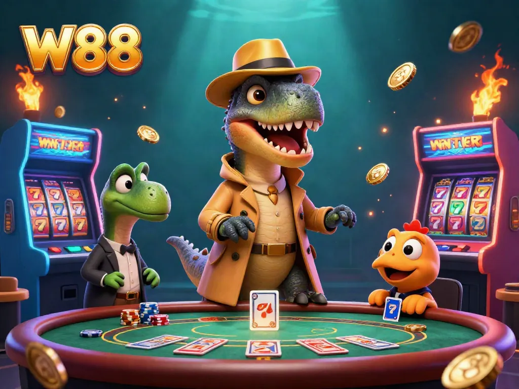 Engage in thrilling casino adventures at W88 with a cartoon velociraptor in action.