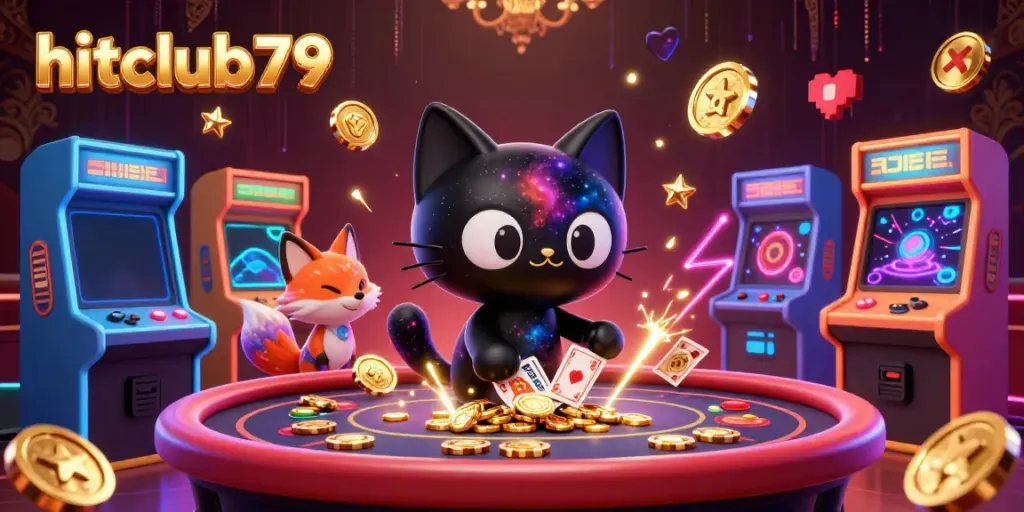 Create an engaging game environment in hitclub79 with a cosmic casino theme featuring a black hole cat and a nebula fox.