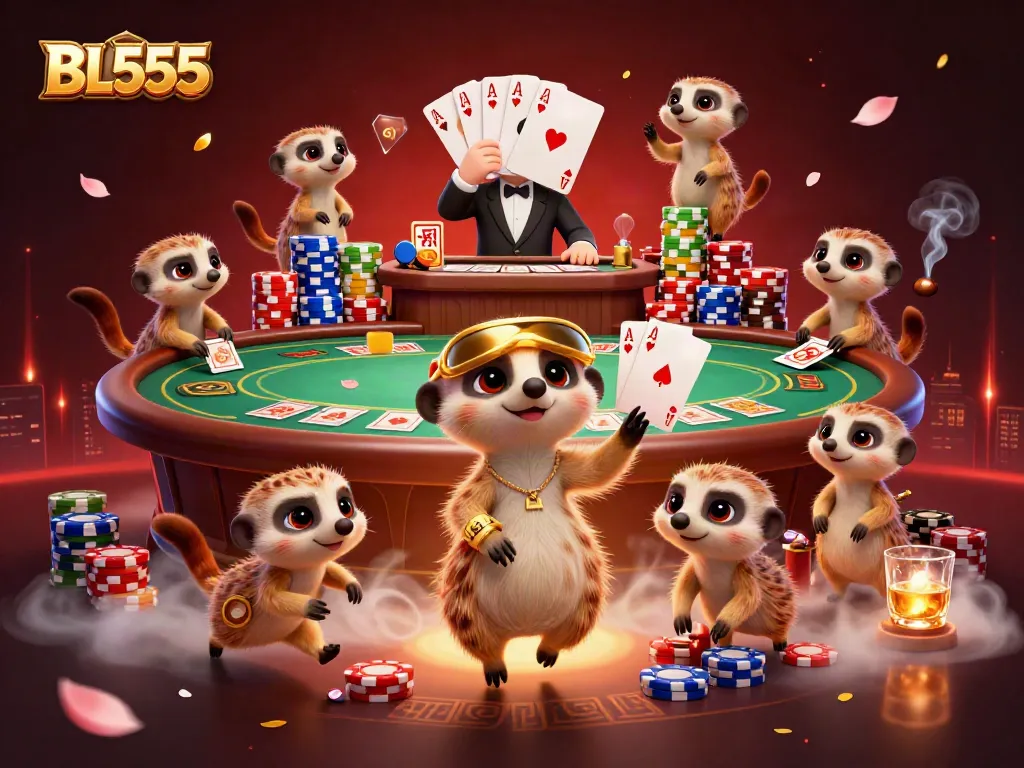 BL555 meerkats operate an engaging casino scene with vibrant poker elements and a welcoming atmosphere.