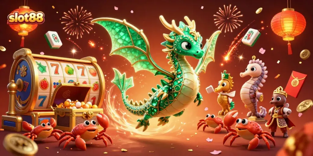 Gambarkan permainan slot88 yang menggiurkan dengan simbol keberuntungan dan keceriaan di suasana festival.