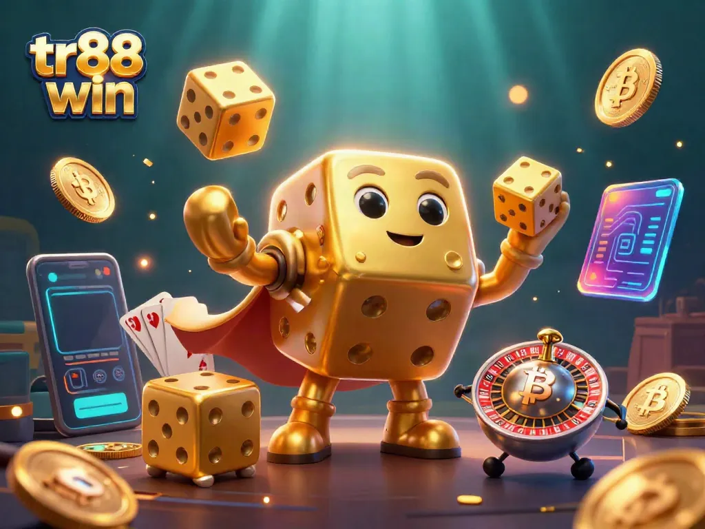 Experience the thrill of tr88 win with a golden dice golem juggling coins in a vibrant casino scene.
