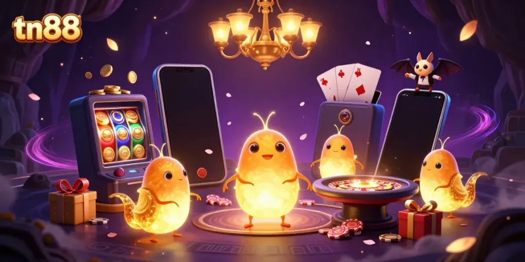 Engage in thrilling gameplay with tn88's vibrant cave casino scene, featuring glowing characters and dynamic games.