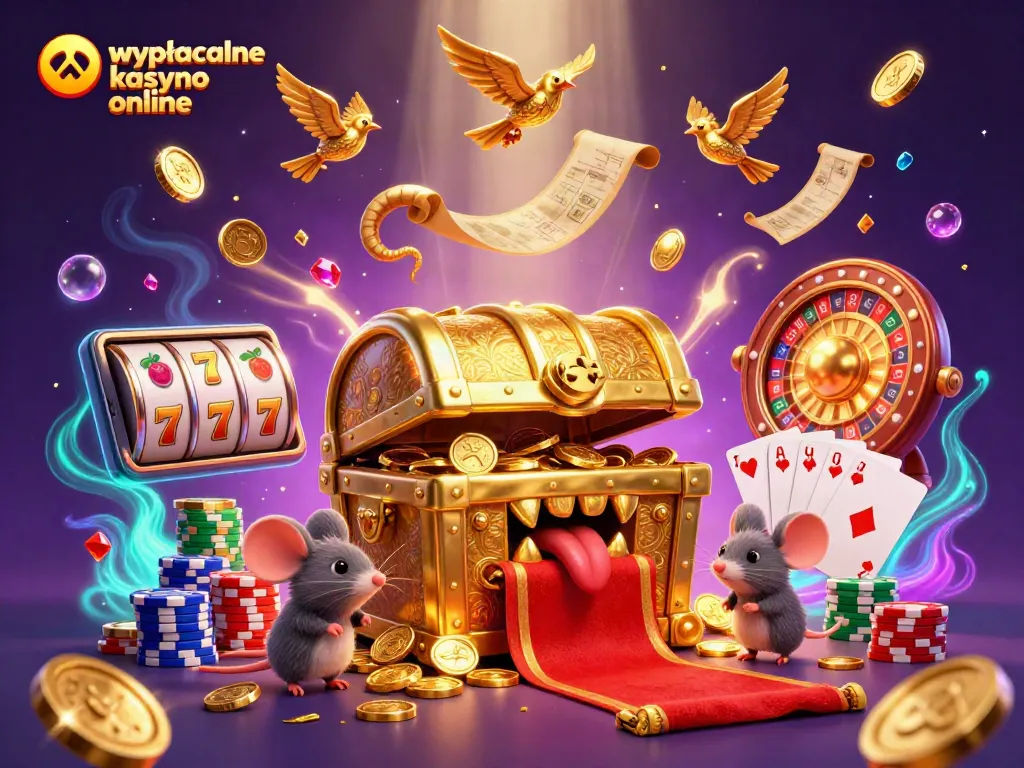 Engaging 3D scene showcasing wypłacalne kasyno online with vibrant casino elements, gold coins, and treasure.
