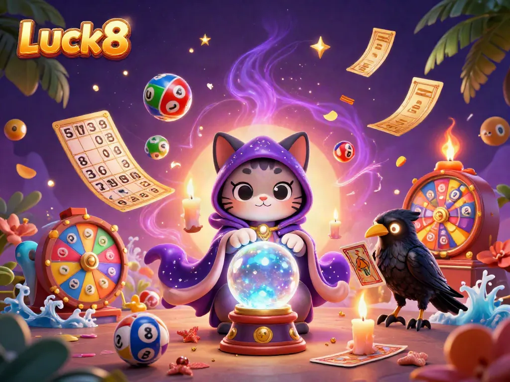 Luck8 players engaging in exciting lottery games with vibrant elements and mystical characters in a dynamic casino scene.