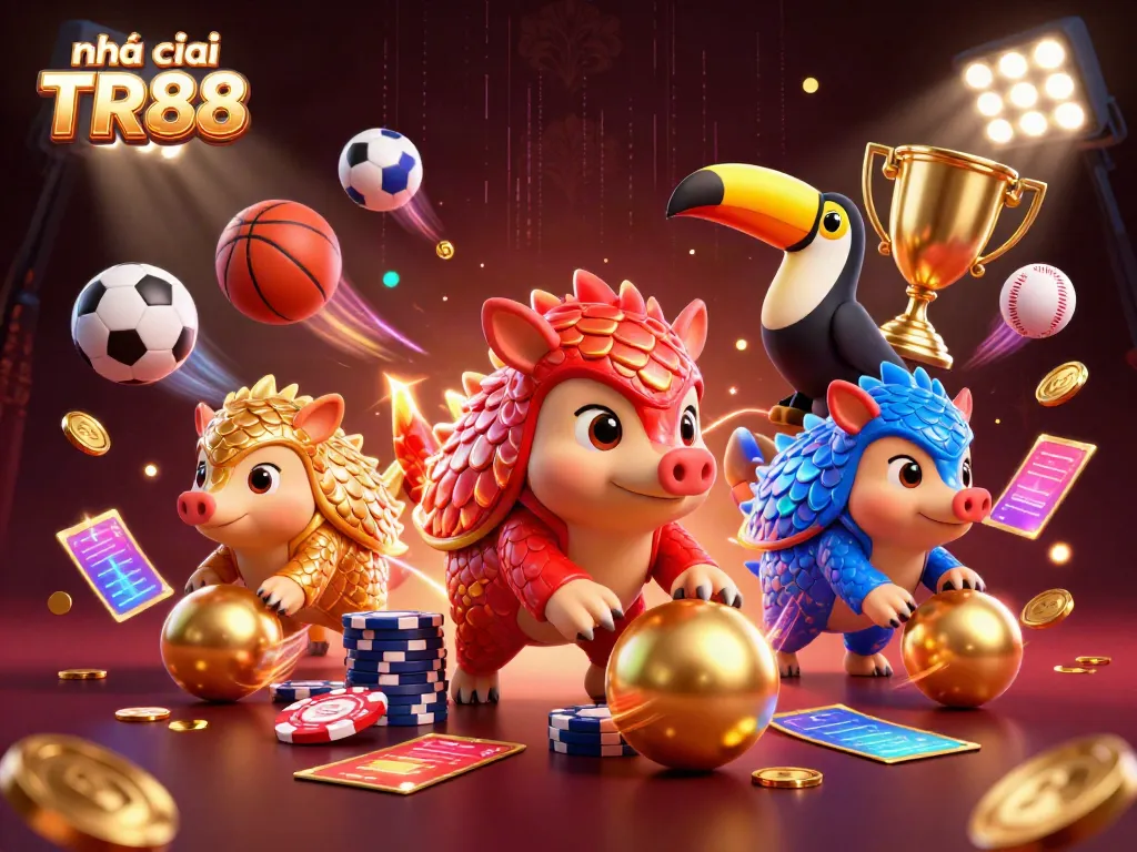 Dynamic scene of Nhà cái TR88 with rival pangolins rolling golden balls and poker chips in a lively casino environment.