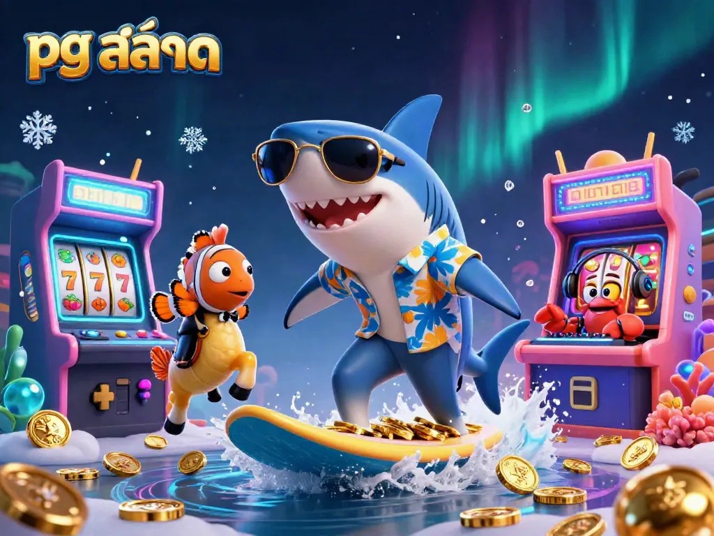 Engage with pg สล็อต and enjoy thrilling slot gameplay showcased in a vibrant 3D cartoon scene.