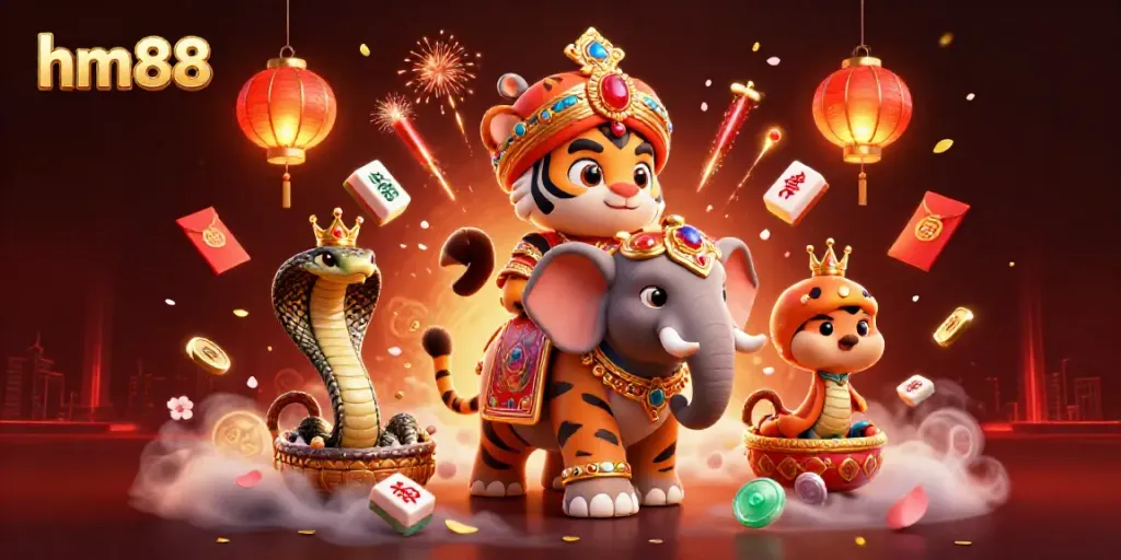 Experience vibrant gaming at hm88 with a stunning 3D illustration of a maharaja and elephant amidst casino elements.