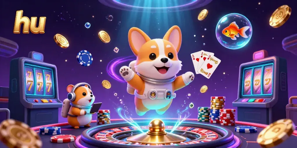 Engage in thrilling space casino action with hu as a cartoon astronaut corgi floats amidst golden coins and a roulette wheel.