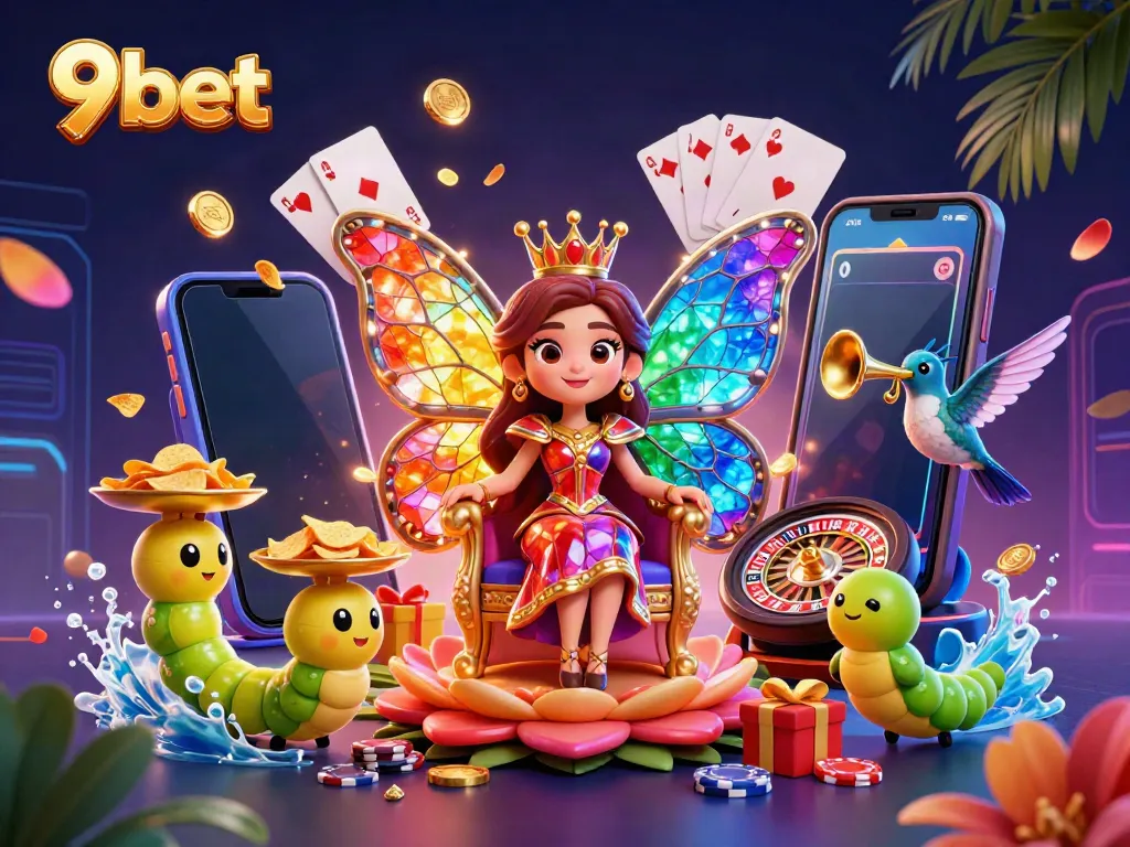Experience excitement with 9bet, featuring a butterfly queen and stunning slot games in a vibrant overlay.