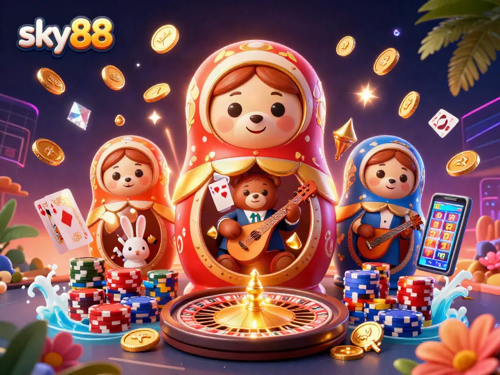 Experience thrills at sky88 casino with vibrant characters and golden game elements.