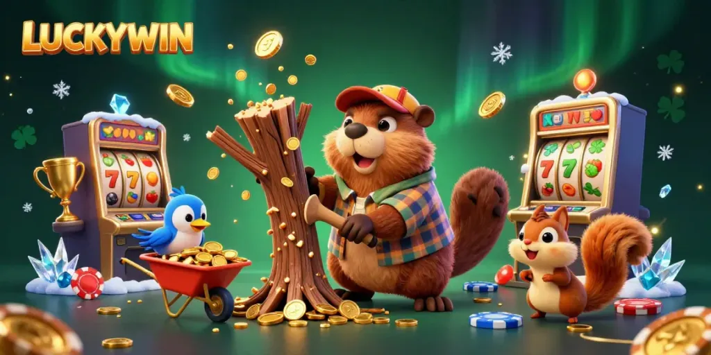 Experience the thrilling LUCKYWIN atmosphere with cartoon characters celebrating jackpot wins amid flying coins.