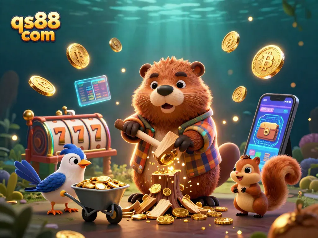 Spin to win with qs88 com as a lumberjack beaver collects golden coins in a vibrant scene.