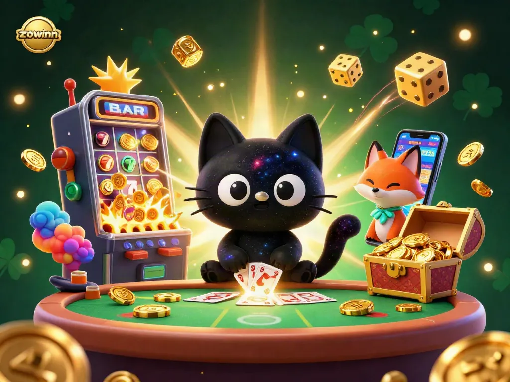 Experience the vibrant energy of zowinn with a cosmic cat and fox at a thrilling casino table.