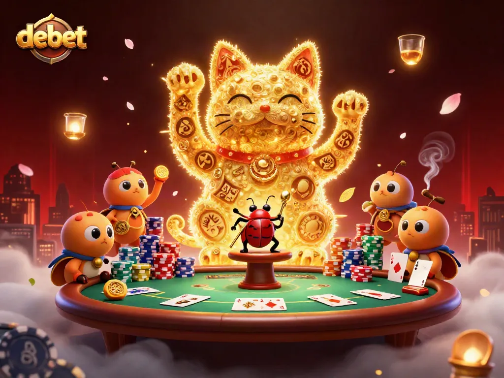 Bet big with Debet's golden lucky cat montage amidst vibrant casino elements.