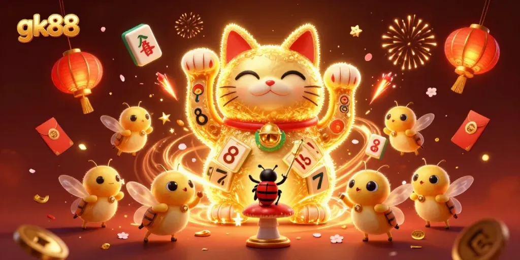 Engage with the vibrant world of gk88, highlighted by a golden lucky cat and casino symbols celebrating wealth.