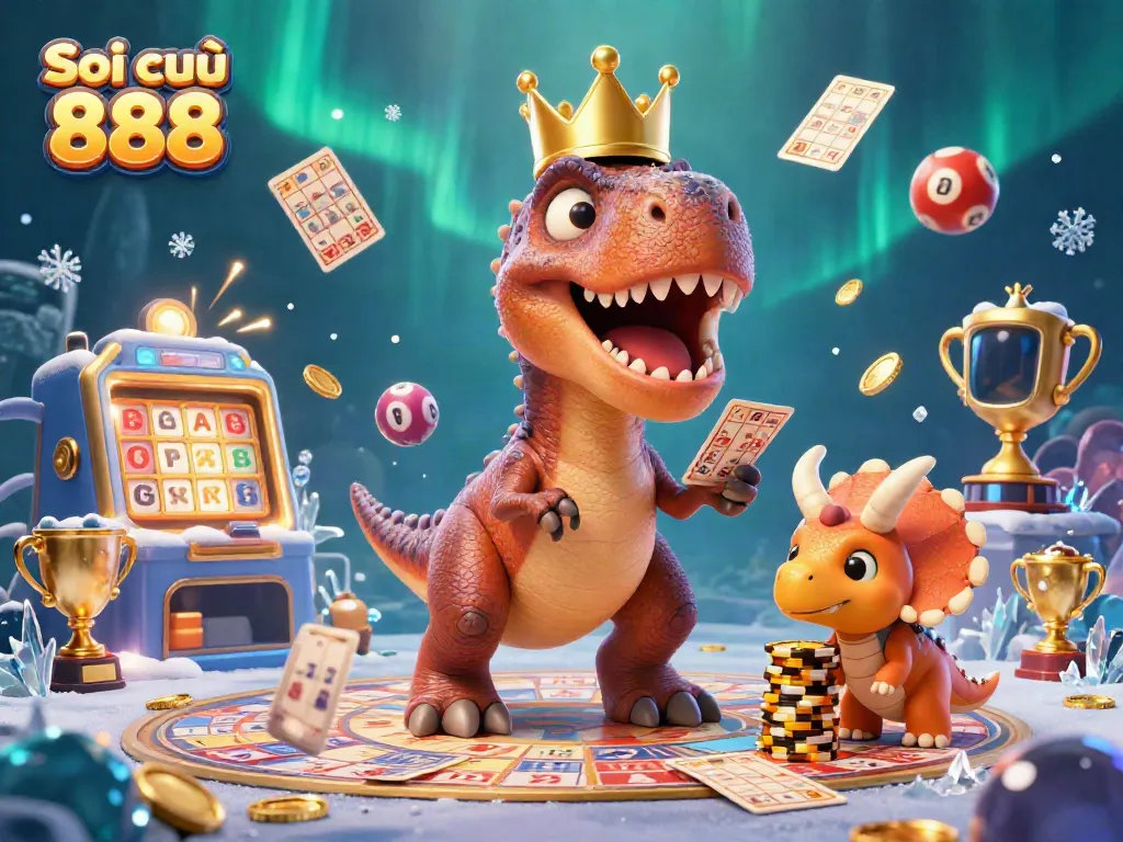 Soi cầu 888 showcases a colorful lottery-themed scene with friendly dinosaur characters engaged in gameplay.