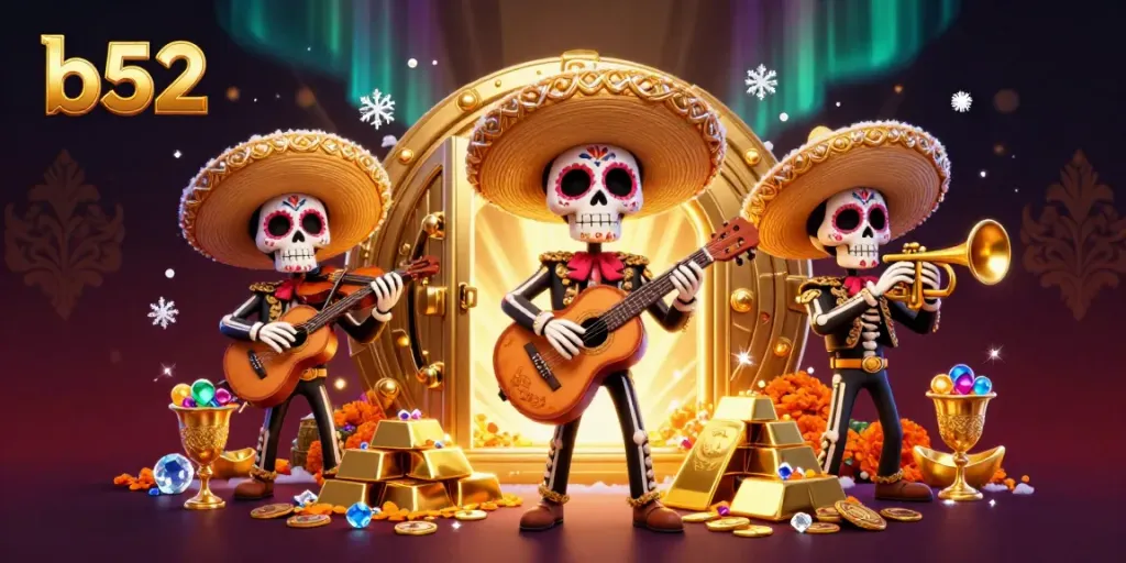 Experience vibrant b52 gaming with a lively mariachi band amidst treasure and jewels.