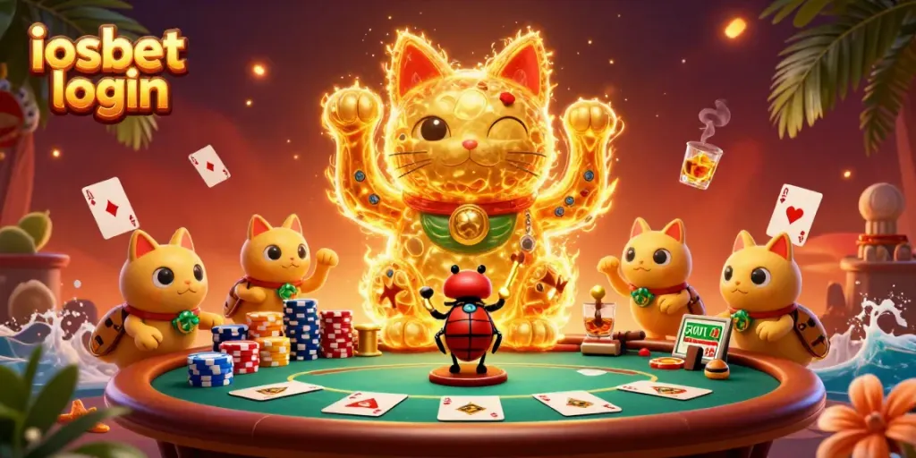 Mengakses iosbet login dengan karakter menarik dan simbol kasino, grafik memukau dan detail kaya.