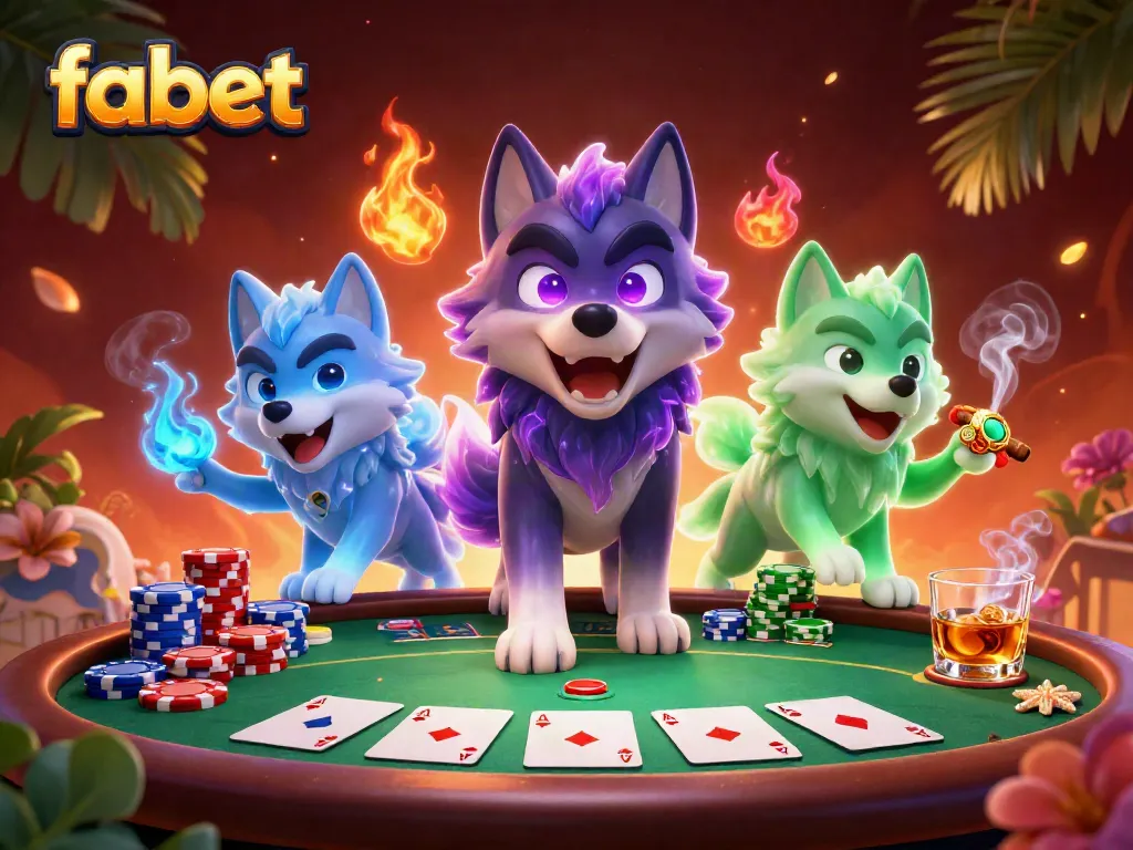 Experience thrilling poker action with fabet's colorful scene featuring a cartoon wolf leader and poker elements.