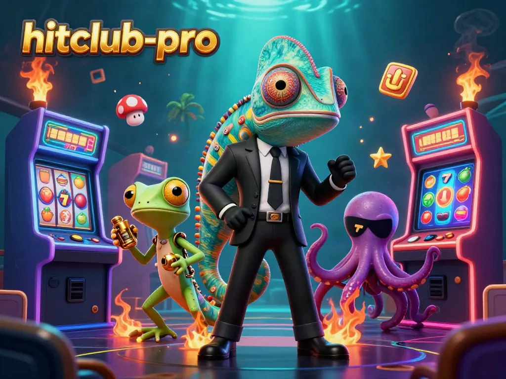 Win big with hitclub-pro in this vibrant 3D casino scene featuring exciting game elements and colorful characters.
