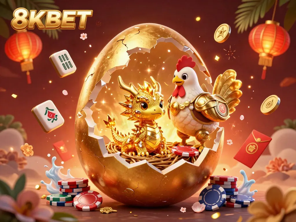 Experience the enchanting 8KBET world with a golden dragon and poker chips in a vibrant casino scene.