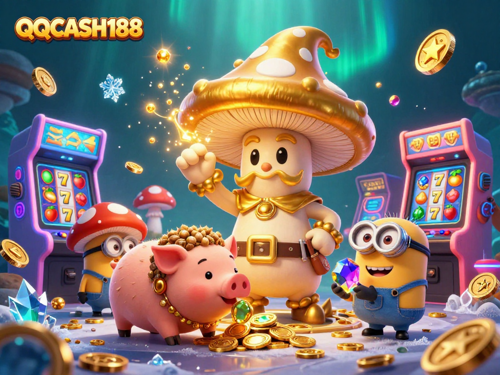 Experience the magic of QQCASH188 with golden wizardry and vibrant slots in this immersive 3D illustration.