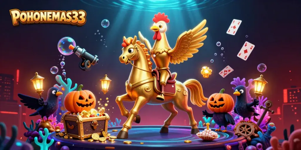 Permainan kasino 3D yang menggambarkan POHONEMAS33 dengan simbol keberuntungan dan cahaya magis.