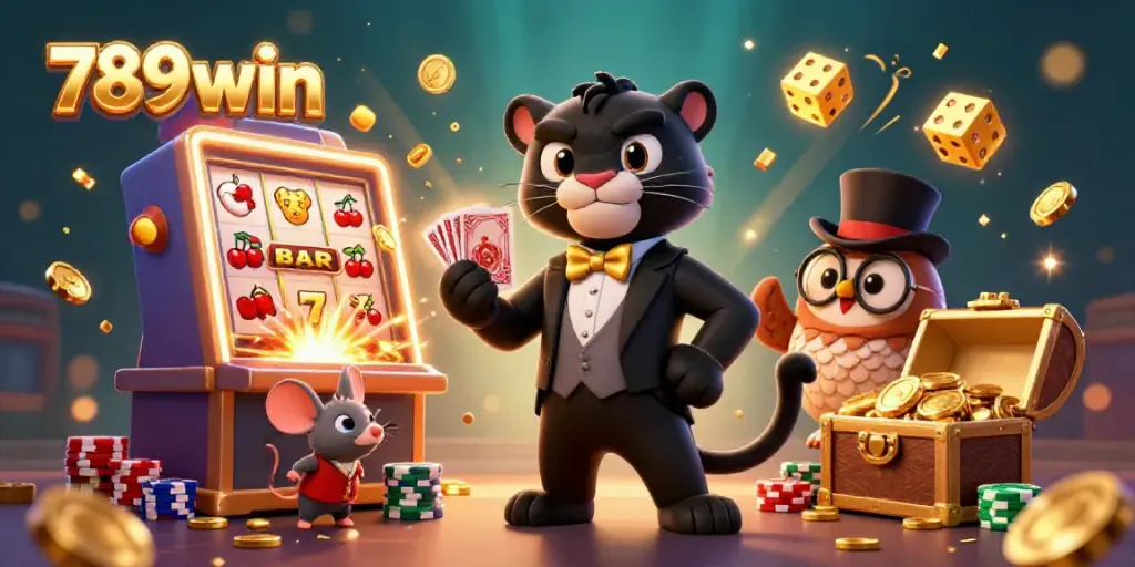Engage in thrilling gameplay with 789win as a stylish panther, owl, and lucky mouse delight in a rich casino scene.