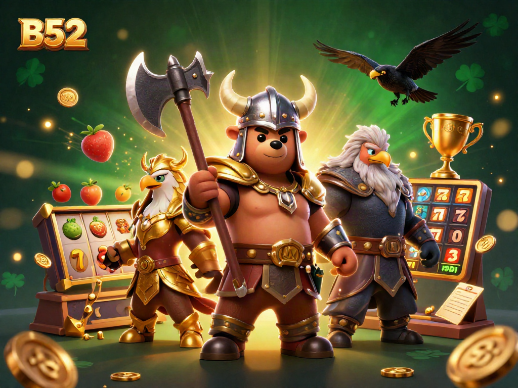 B52 slot gaming illustration featuring Viking bear and Valkyrie eagle amidst lucky symbols and bright trophies