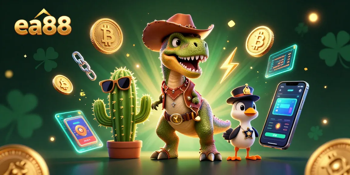 Bet big at ea88 with a lively 3D scene of a cowboy dinosaur engaging in thrilling casino fun!